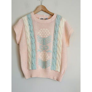 Vtg Country Suburbans Womens XL Pink & Blue Cable Knit Sweater 80's Hong Kong